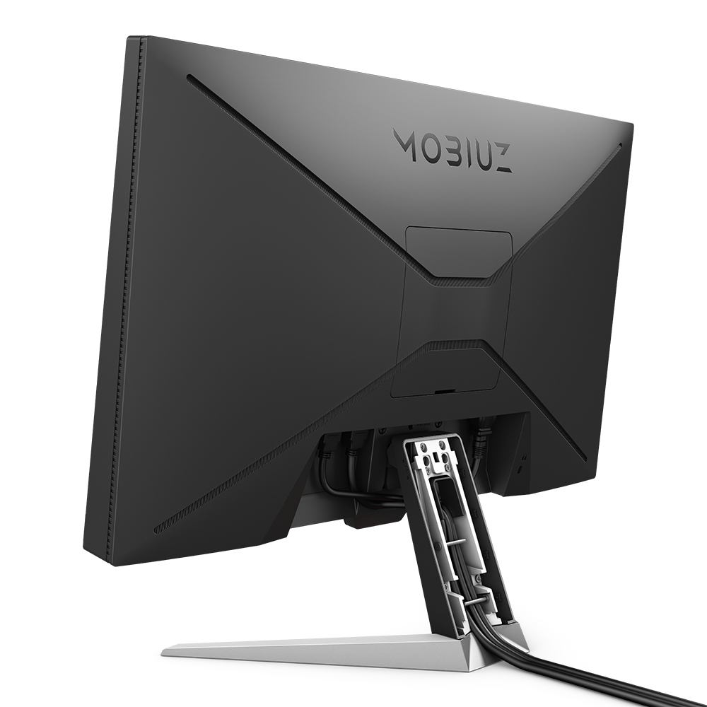 Vista trasera de un monitor gaming BenQ Mobius negro con soporte plateado y cables conectados sobre fondo blanco.