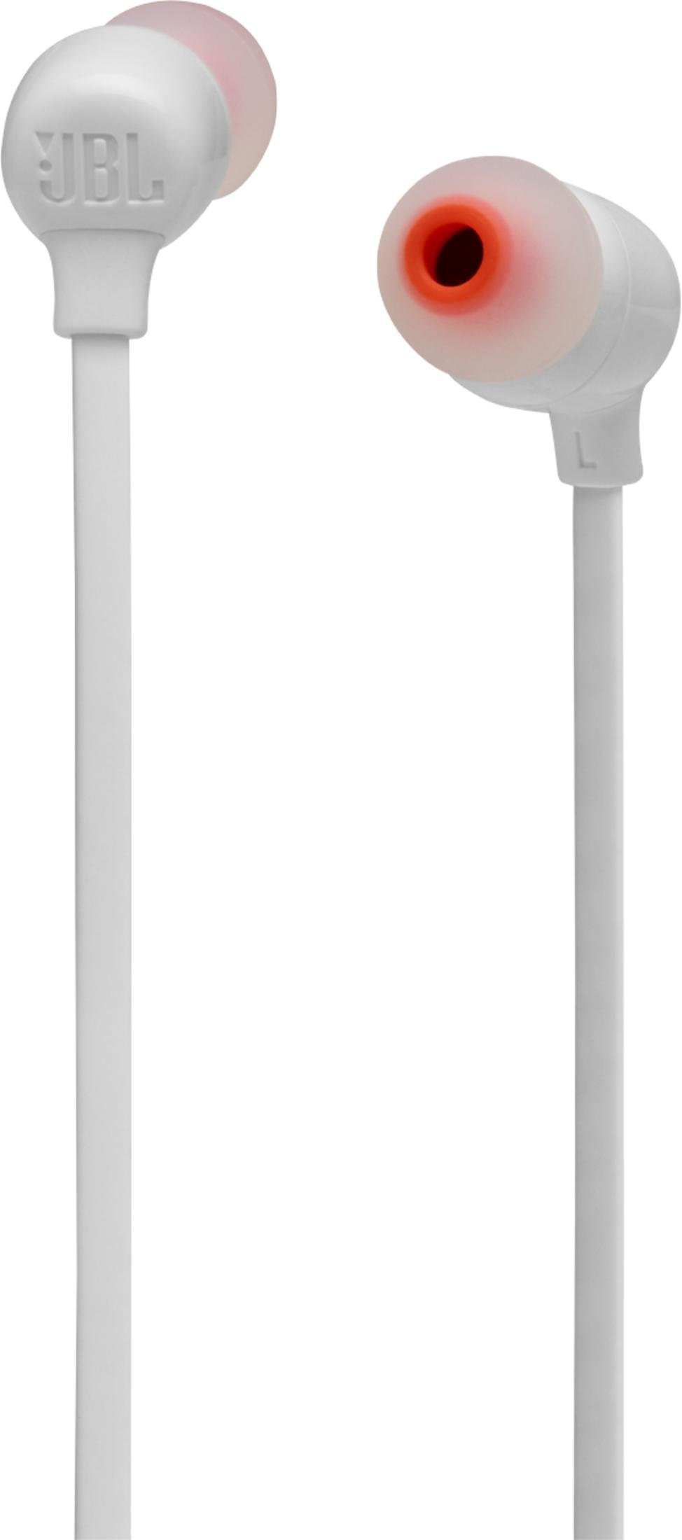 Auricolari in-ear JBL bianchi con gommini rosa su sfondo bianco.