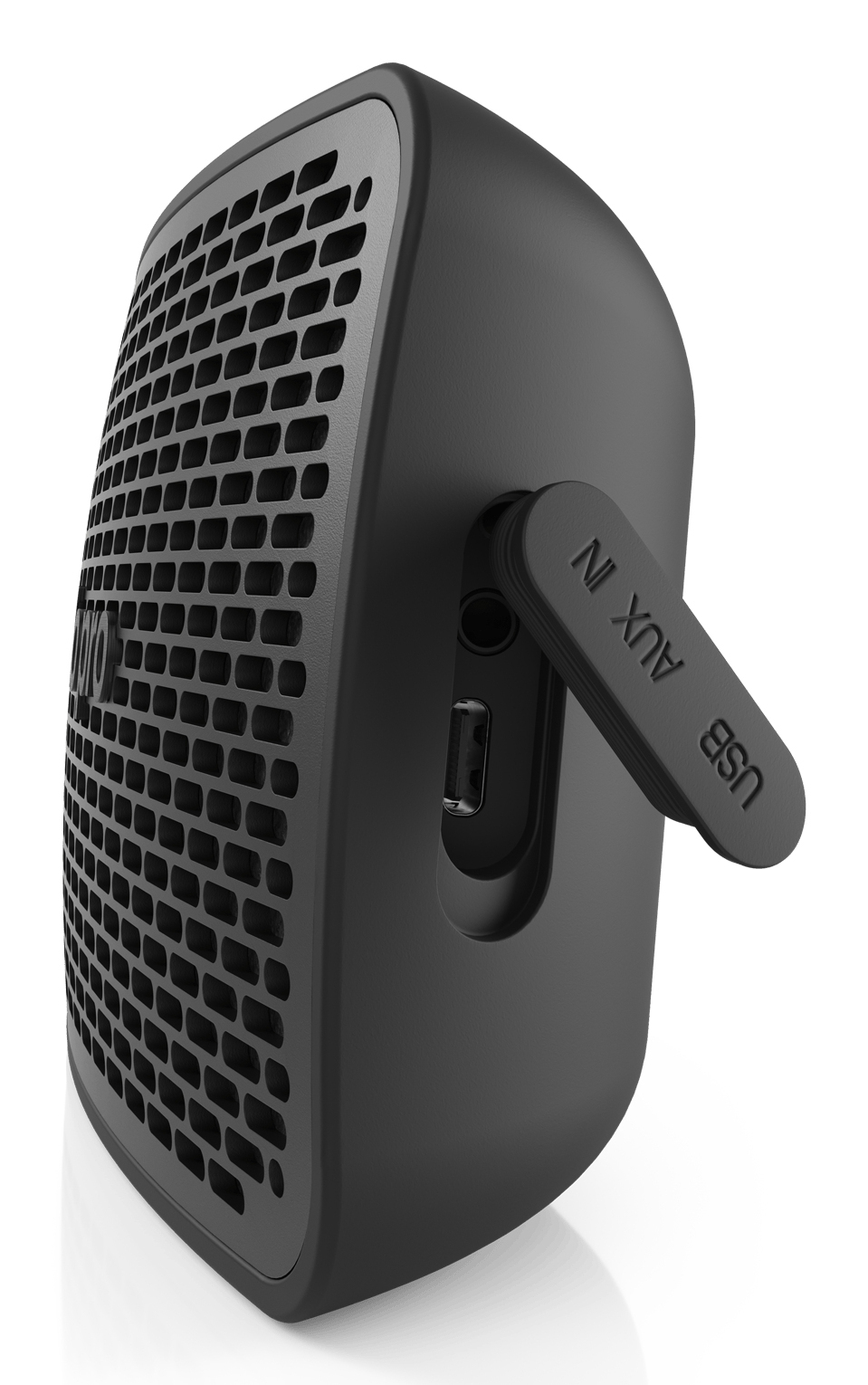 Black portable speaker with an open rubber flap revealing USB and aux ports on the side.