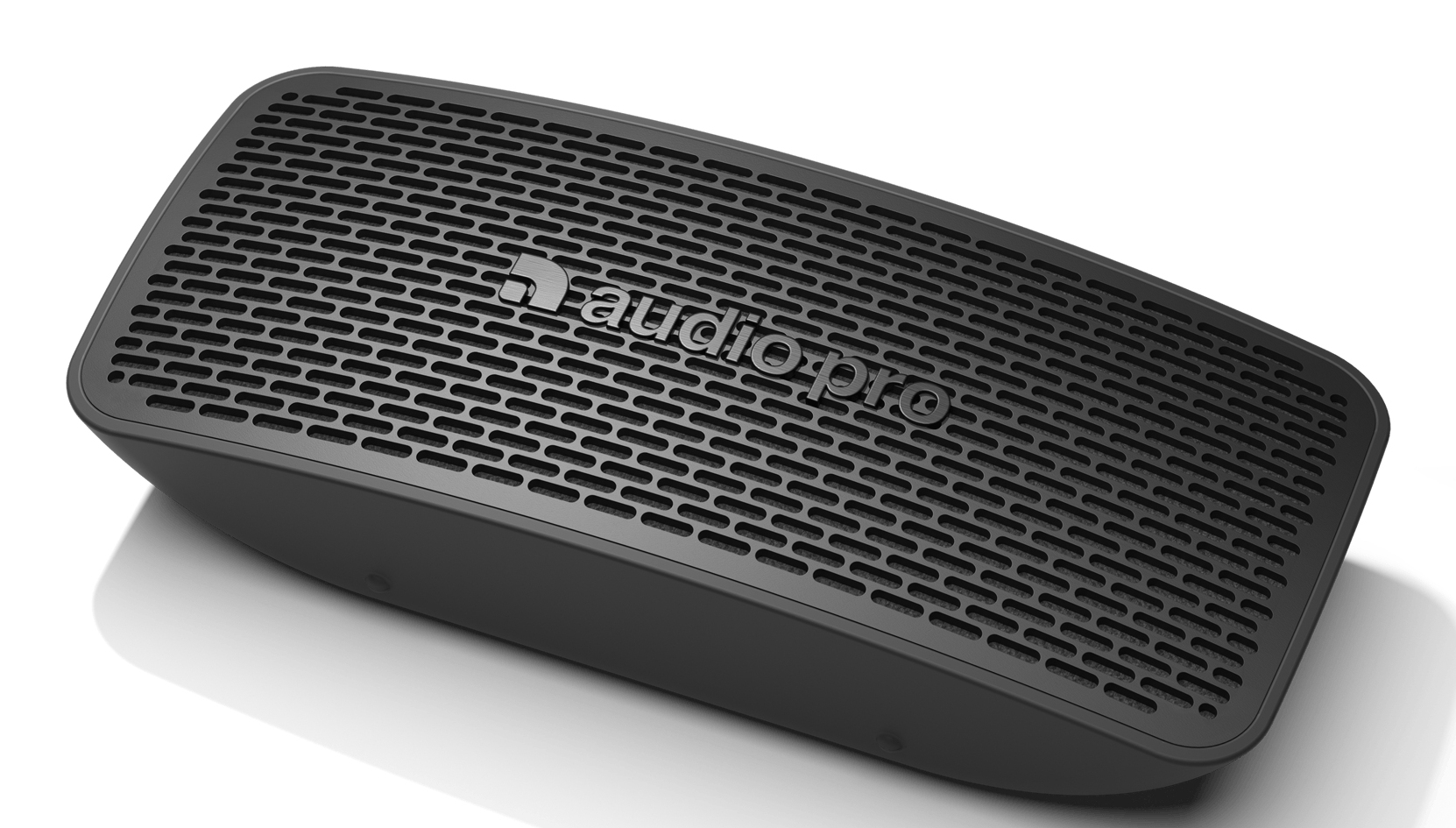 Black Audio Pro speaker with grille on white background.