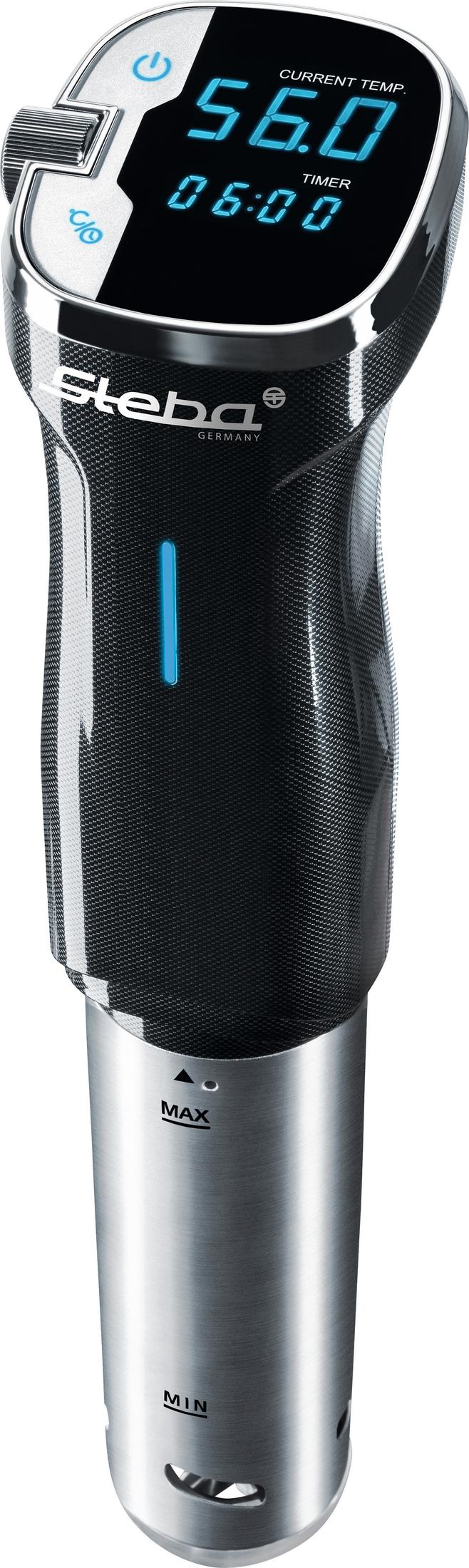 Un cuiseur sous vide Steba noir et argent avec écran numérique affichant la température et le minuterie.