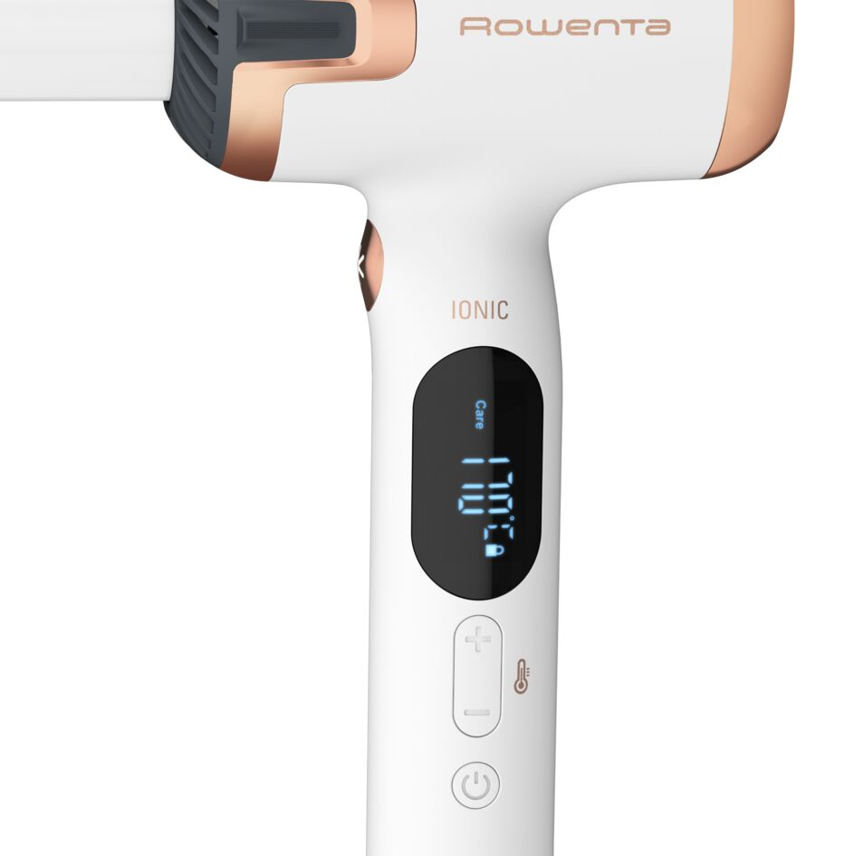 Asciugacapelli Rowenta bianco con dettagli in oro rosa, display digitale e controlli sul manico.