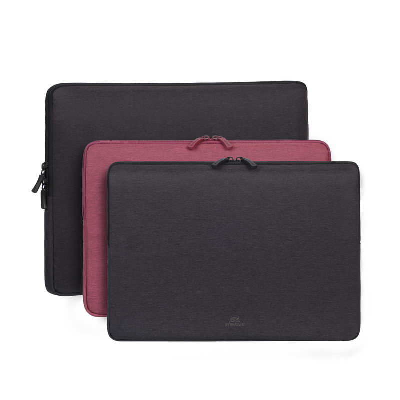 Drei Laptop-Hüllen in Schwarz, Dunkelrot und Grau auf weißem Hintergrund.