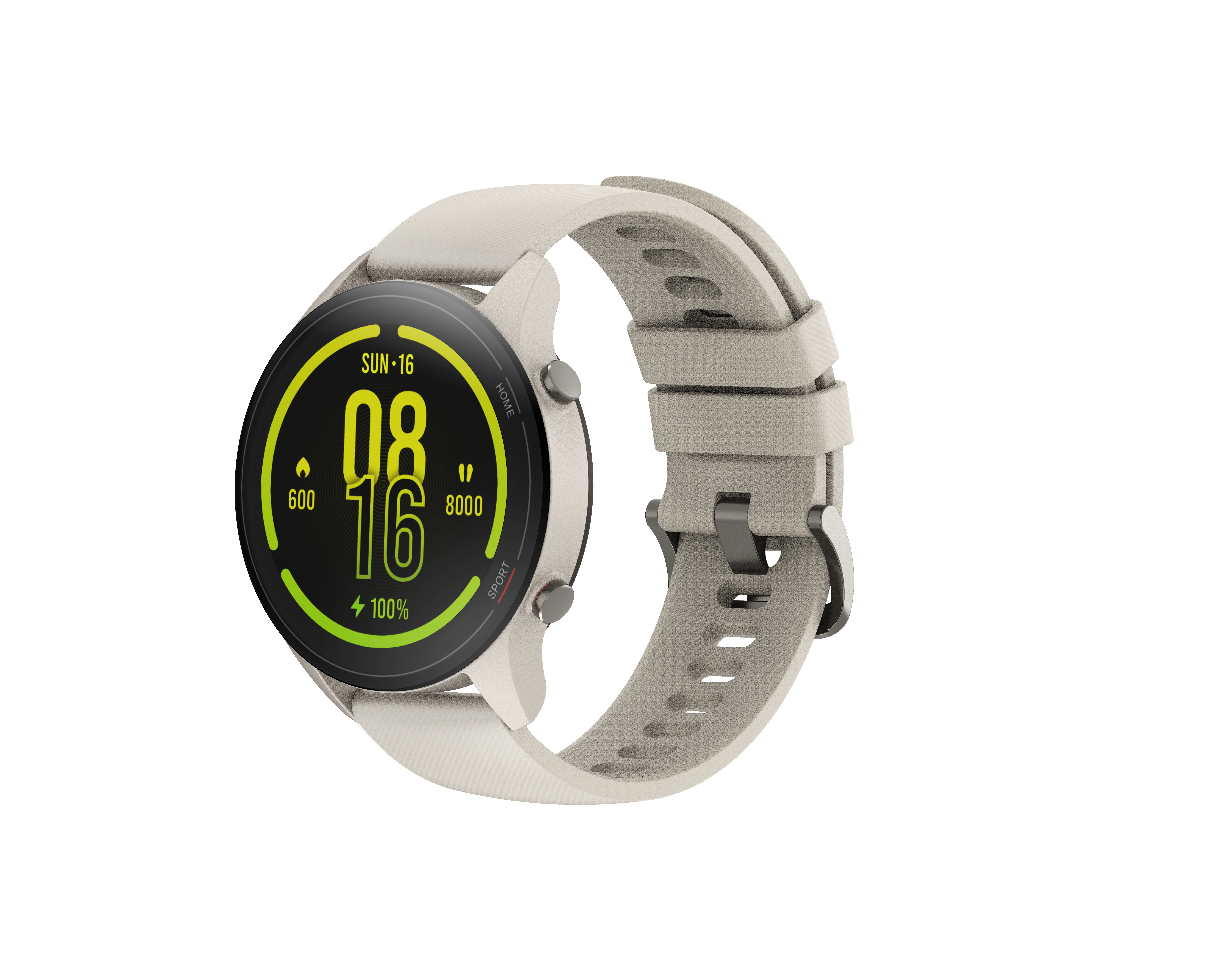 Beigefarbene Smartwatch mit rundem Display zeigt grüne Zeitanzeige und Aktivitätsdaten auf weißem Hintergrund.