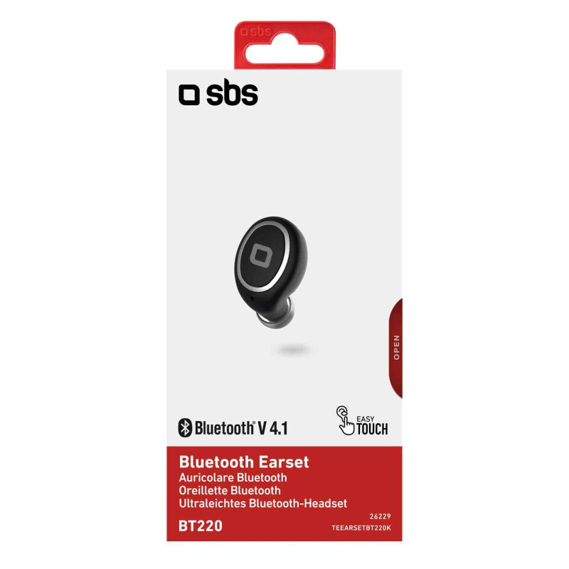 Verpackung für ein schwarzes SBS Bluetooth-Headset BT220 mit Silbereinfassung auf weißem Hintergrund.