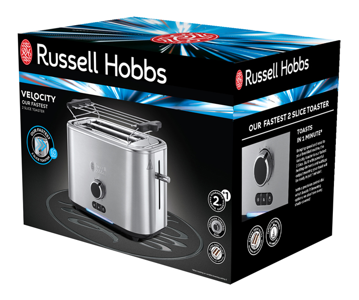 Una caja para la tostadora Russell Hobbs Velocity de 2 rebanadas en plata sobre fondo negro.