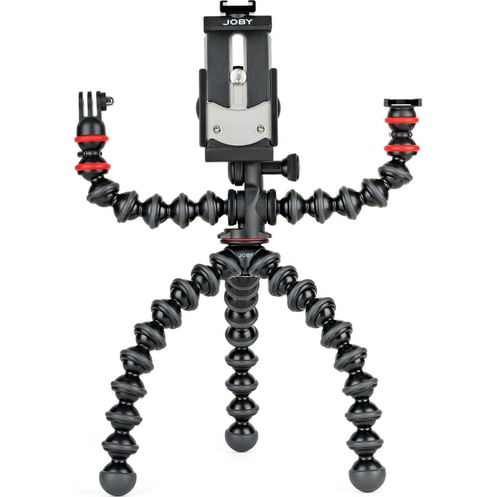 Ein schwarz-graues, flexibles GorillaPod-Stativ mit Handyhalterung und zwei Armen vor weißem Hintergrund.