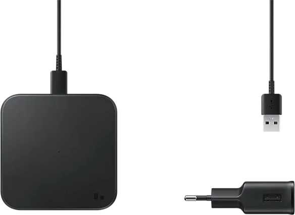 Ein schwarzes kabelloses Ladegerät mit USB-Kabel und Netzstecker.