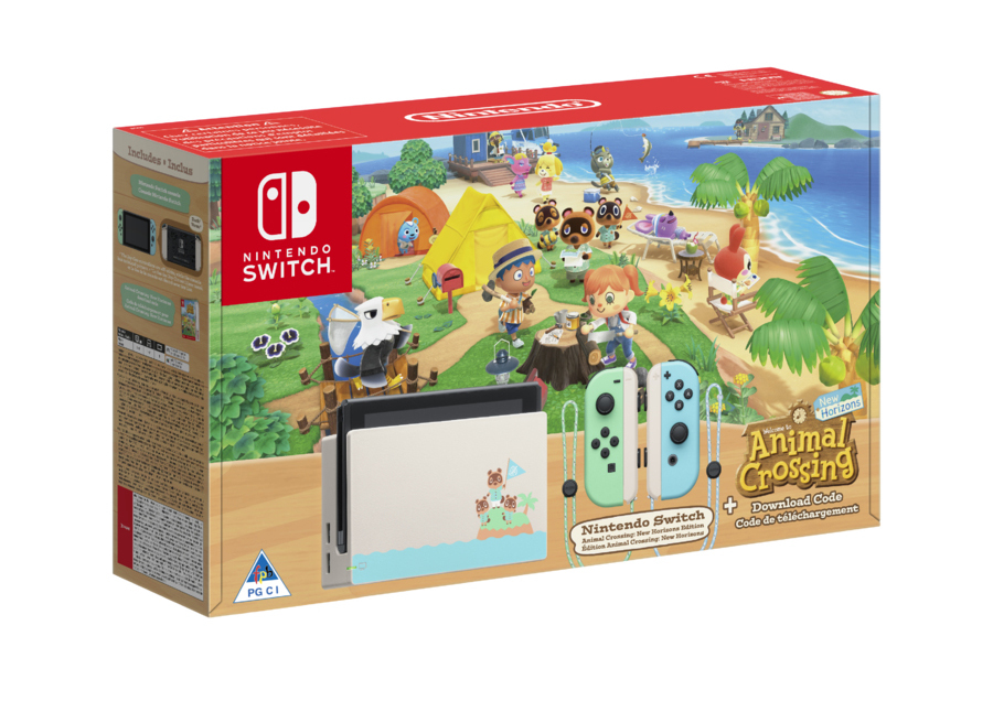 Nintendo Switch Animal Crossing Edition Box mit Spielkonsole und farbigen Joy-Cons auf tropischem Strandhintergrund.