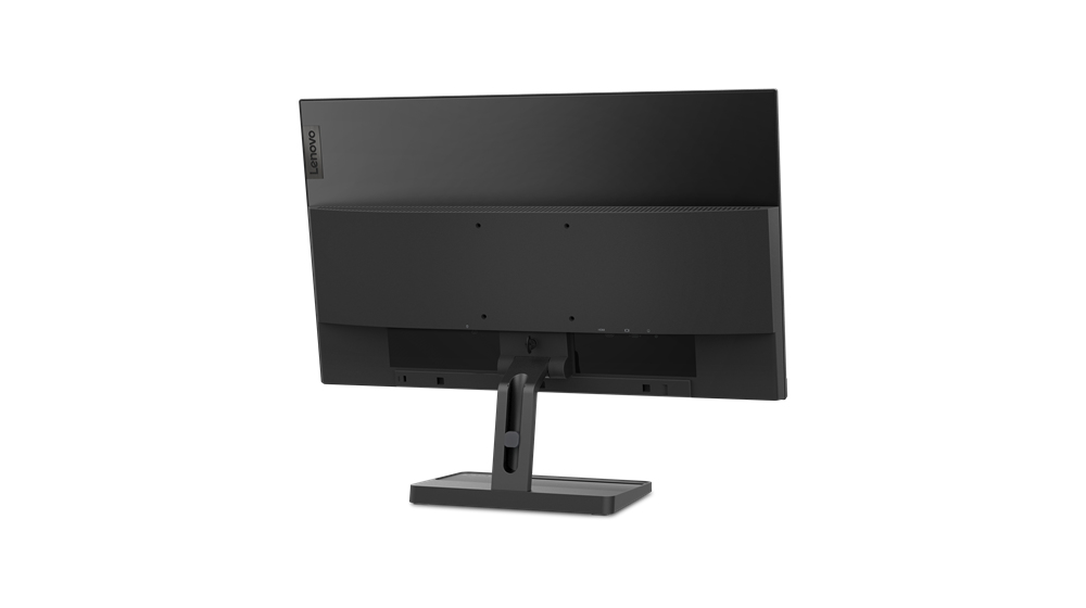 Rückansicht eines schwarzen Lenovo Monitors mit Standfuß auf weißem Hintergrund.