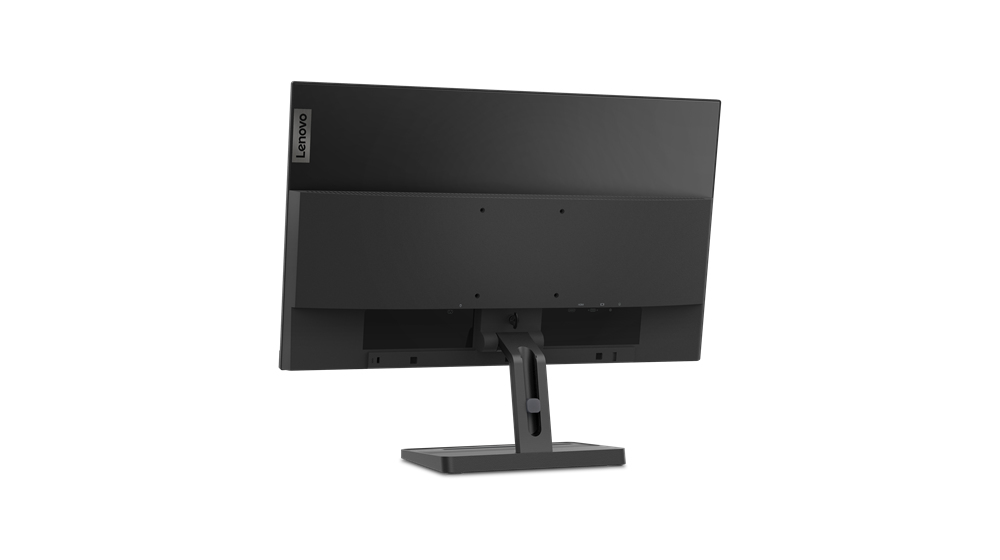 Rückansicht eines schwarzen Lenovo-Computermonitors auf einem verstellbaren Ständer vor weißem Hintergrund.