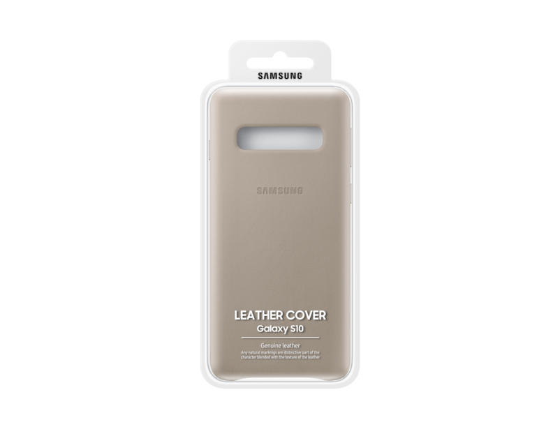 Beigefarbene Samsung Galaxy S10 Lederhülle in Originalverpackung.