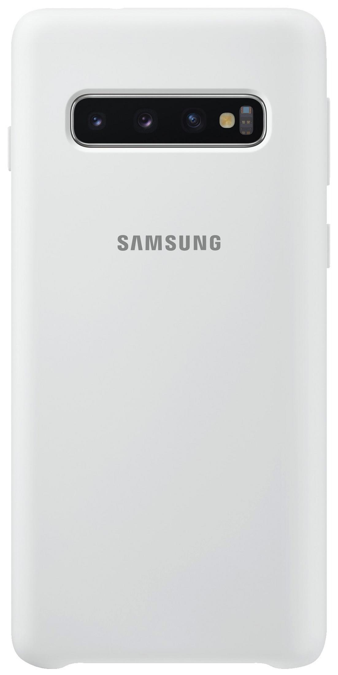 Die Rückseite eines weißen Samsung-Smartphones mit dreifacher Kamera und Logo.