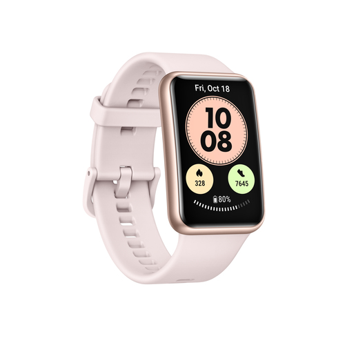 Rosa Smartwatch mit Goldgehäuse und digitalem Zifferblatt auf weißem Hintergrund.