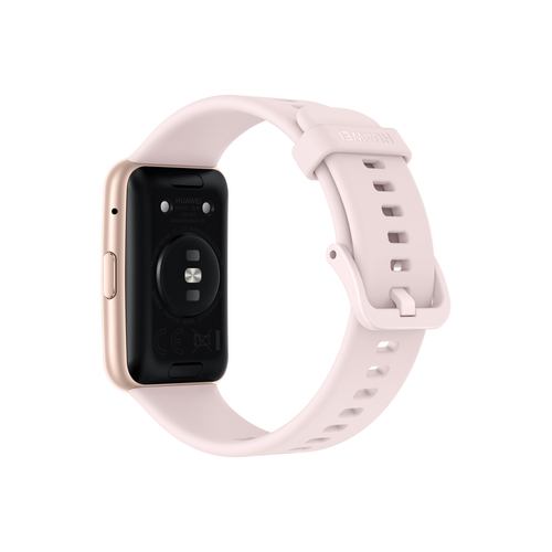 Rückseite einer rosafarbenen Smartwatch mit Sensoren und Kautschukarmband vor weißem Hintergrund.