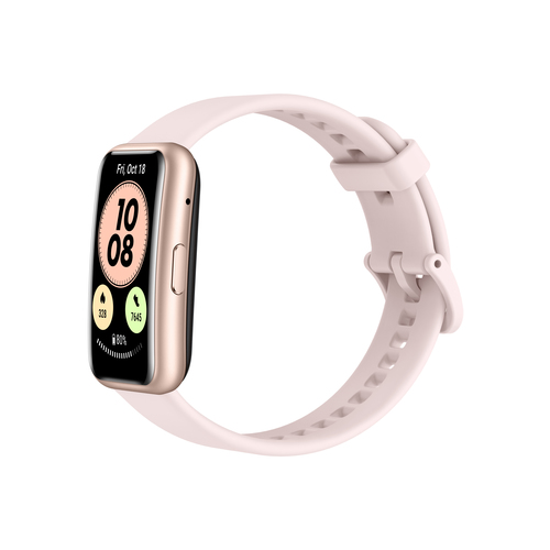Eine rosafarbene Smartwatch mit einem rechteckigen Display auf weißem Hintergrund.