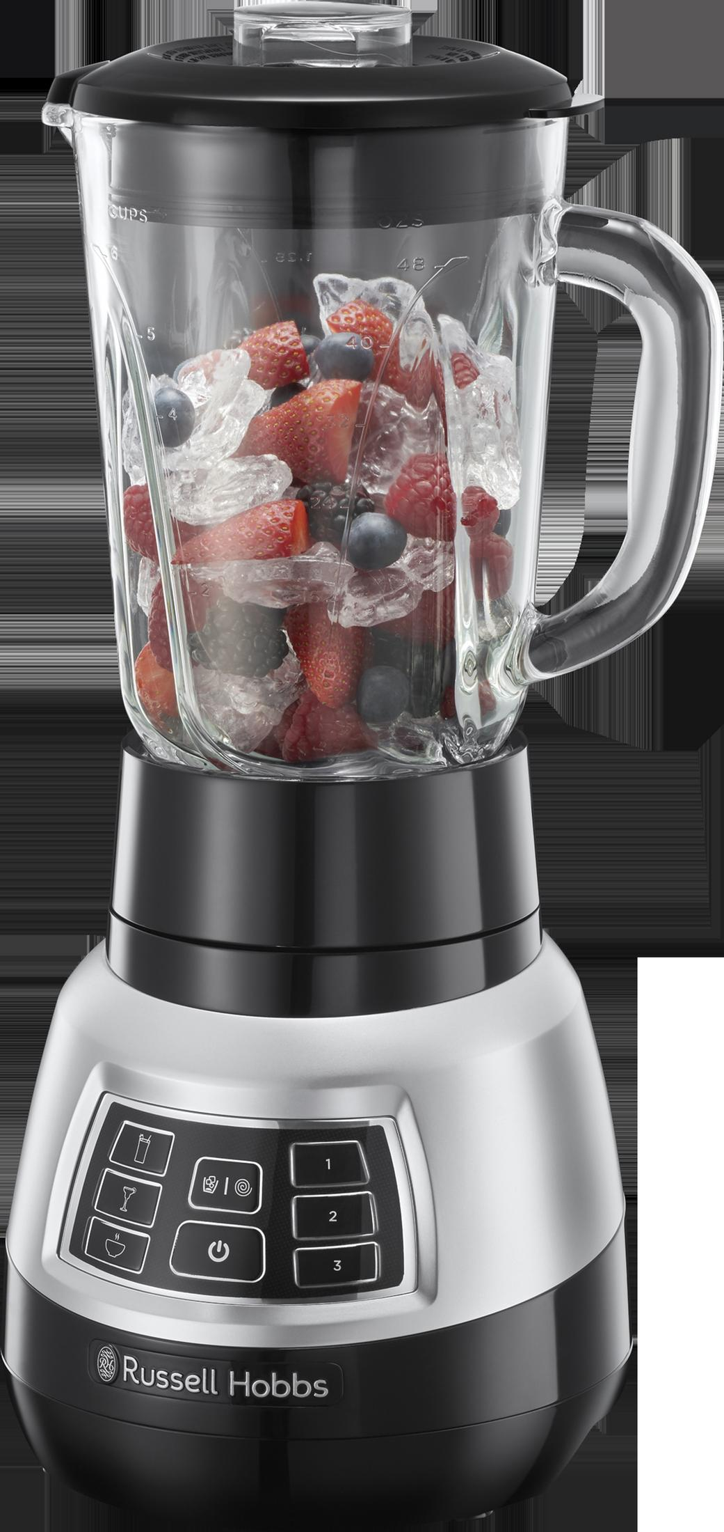 Ein Russell Hobbs Standmixer mit Eiswürfeln, Erdbeeren und Blaubeeren im Glasbehälter.