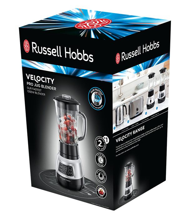 Eine schwarz-silberne Russell Hobbs Velocity Pro Standmixer-Verpackung mit Beeren und Eis im Mixer.