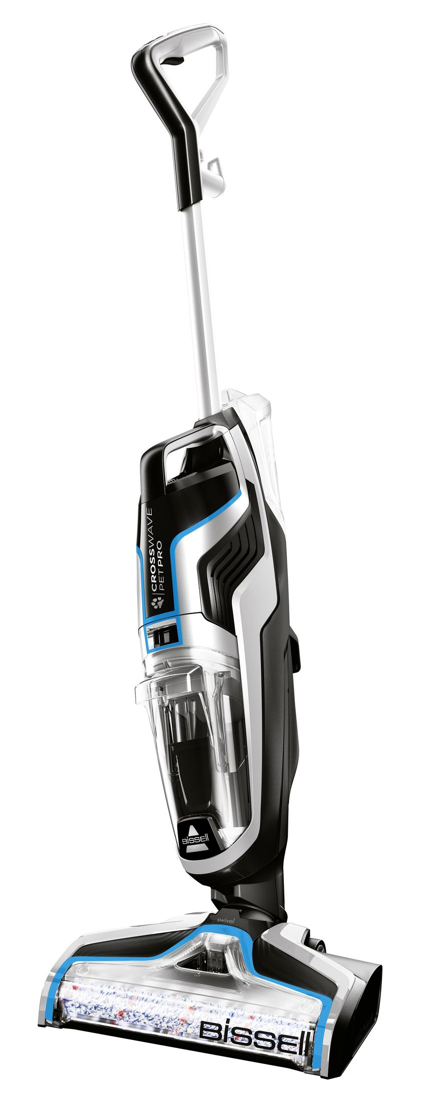 Una aspiradora Bissell CrossWave Pet Pro en blanco y negro sobre fondo blanco.