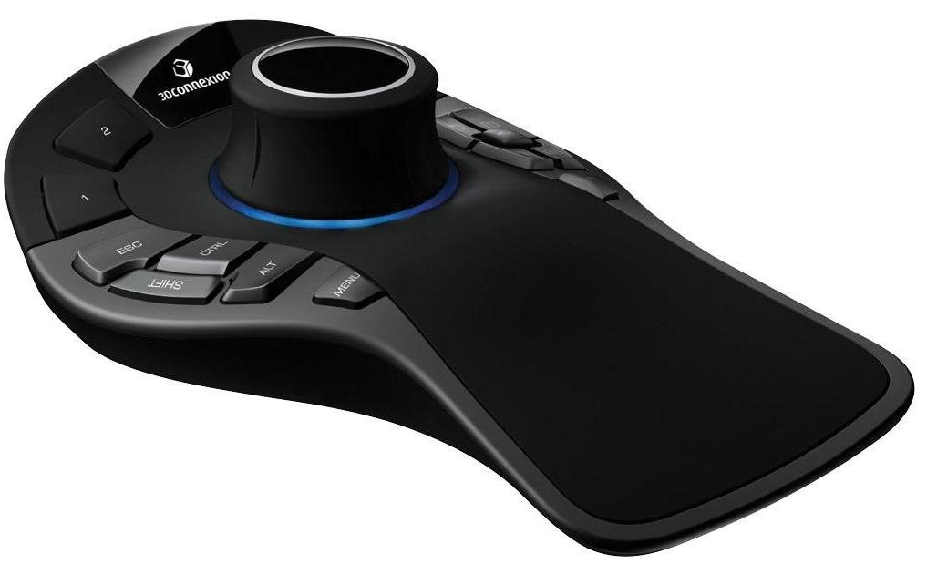 A black 3D mouse controller with a central control knob and multiple function keys on a white surface.