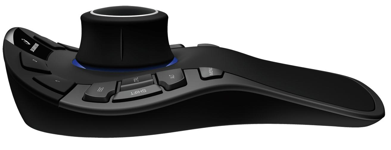 An ergonomic black 3D mouse controller with a central control knob and multiple function keys on a white background.