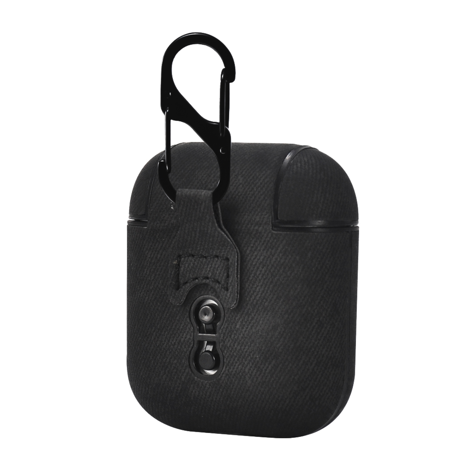 Schwarze Schutzhülle für kabellose Kopfhörer mit Karabiner.