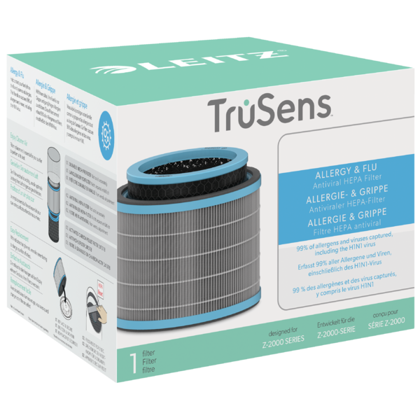 Verpackung eines Leitz TruSens Z-2000 Allergy & Flu HEPA-Filters in Mintgrün und Weiß mit abgebildetem Filter.