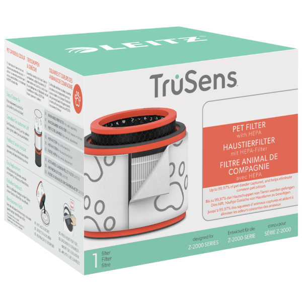 Produktverpackung für TruSens Haustierfilter mit HEPA für Z-2000-Serie, weiß und mintgrün.