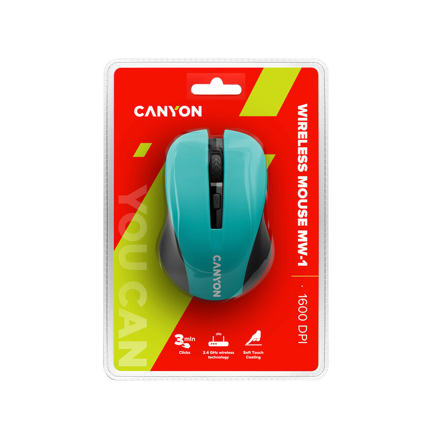 Turkusowo-czarna mysz bezprzewodowa Canyon w czerwonym opakowaniu.