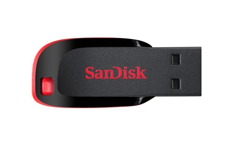 A red and black SanDisk USB flash drive on a white background.