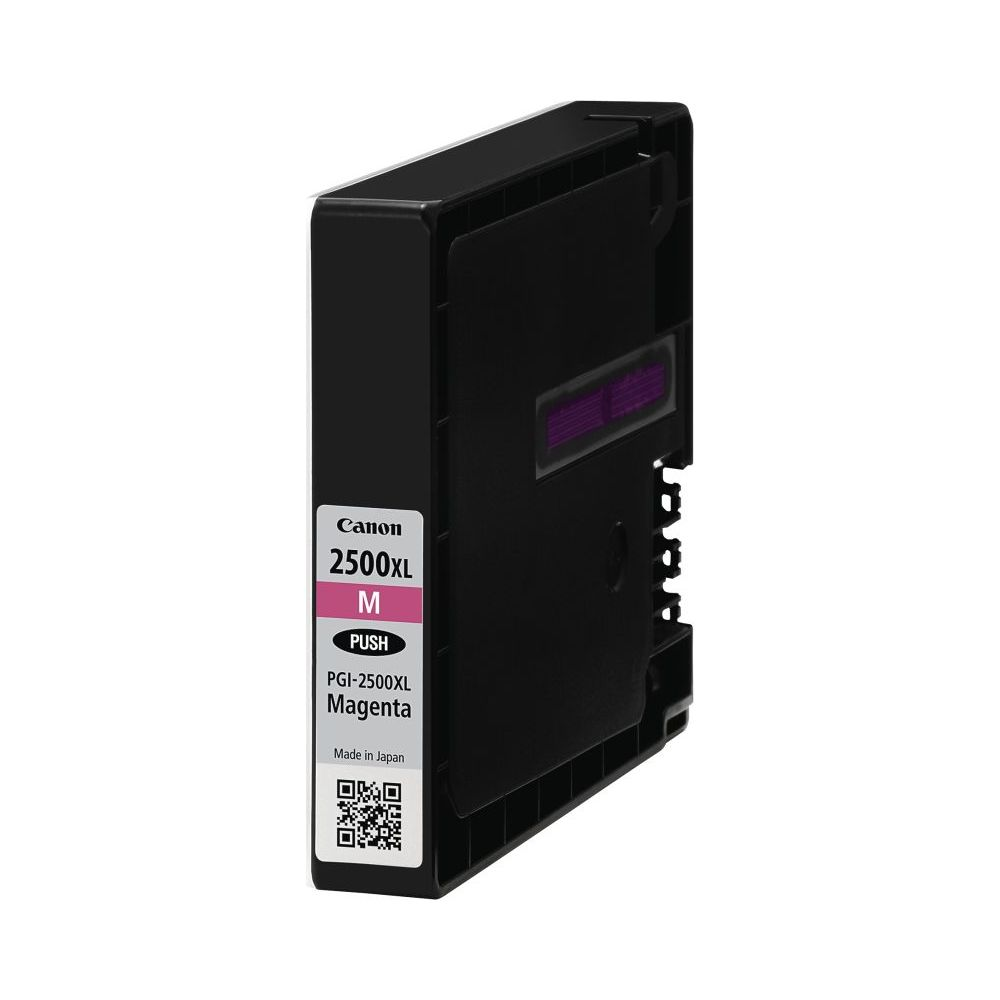 A black Canon PGI-2500XL Magenta ink cartridge against a white background.