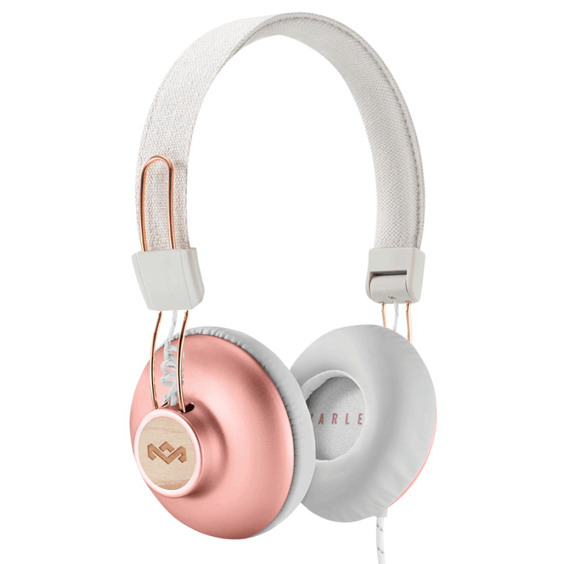 Weiße On-Ear-Kopfhörer mit roségoldenen Akzenten und Holzelementen auf einer weißen Hintergrund.