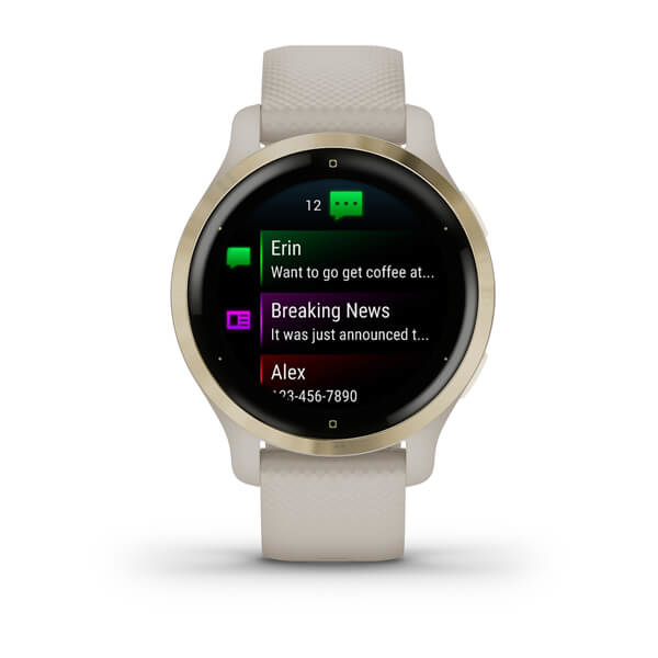 Beige Smartwatch mit rundem Display zeigt Textnachrichten und Benachrichtigungen an.