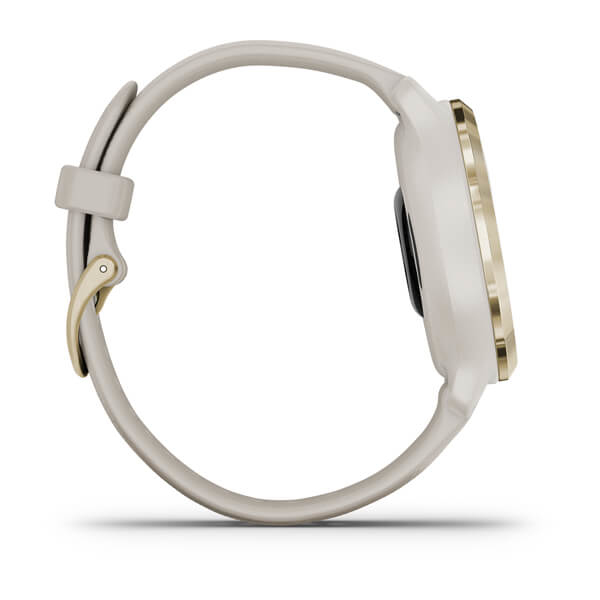 Seitenansicht einer cremefarbenen Smartwatch mit goldenem Rand und Armband auf weißem Hintergrund.
