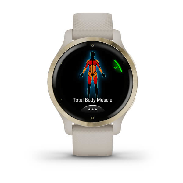 Eine Smartwatch mit beigem Armband zeigt ein Diagramm der Gesamtmuskeln im Körper an.