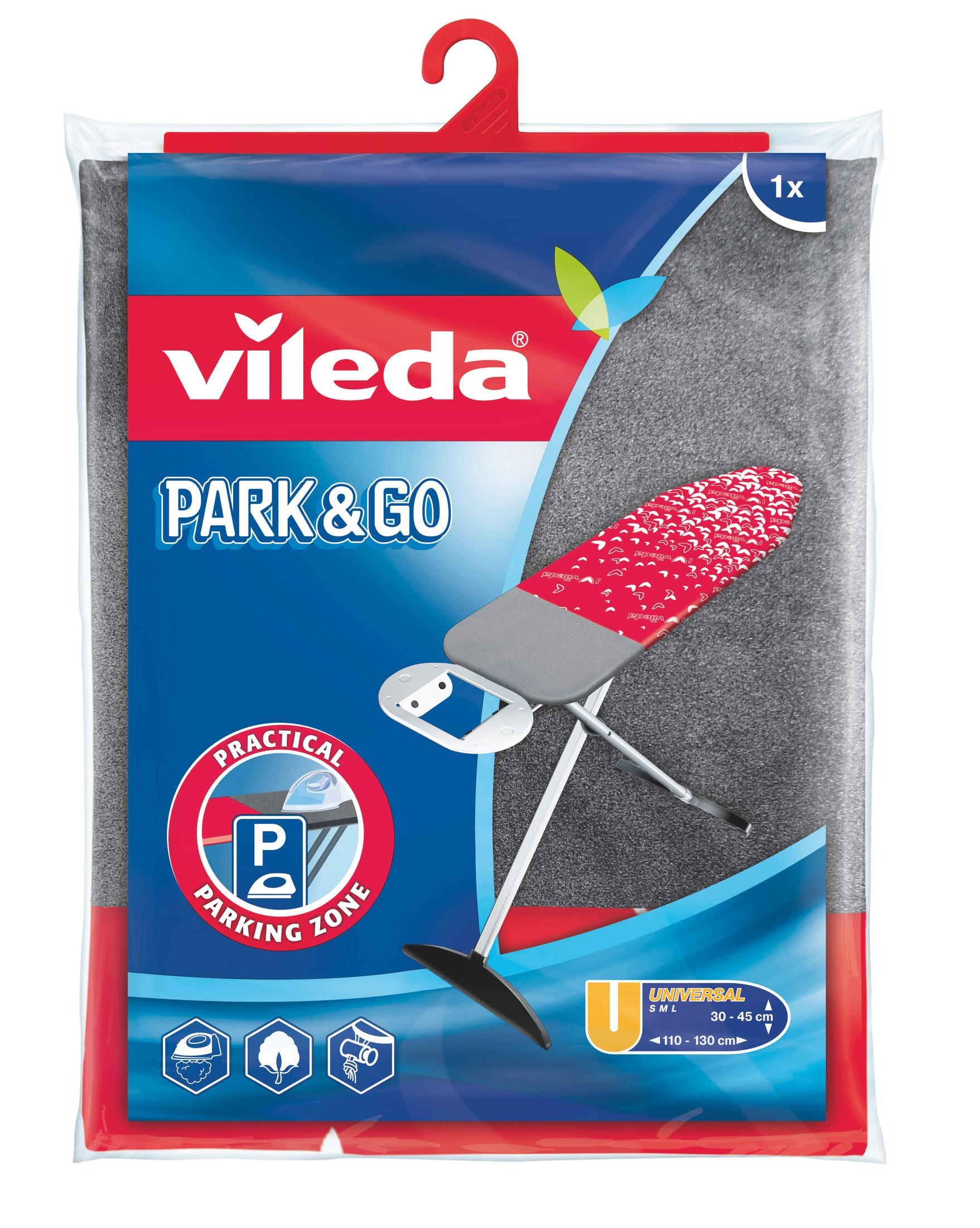 Pokrowiec na deskę do prasowania Vileda Park & Go w opakowaniu z czerwonym wzorem.