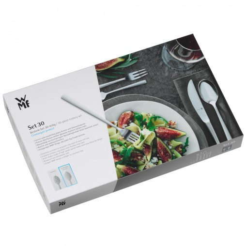 Eine weiße WMF Besteckset 30-teilig Box mit Bildern von Pasta, Feigen und Besteck auf der Vorderseite.