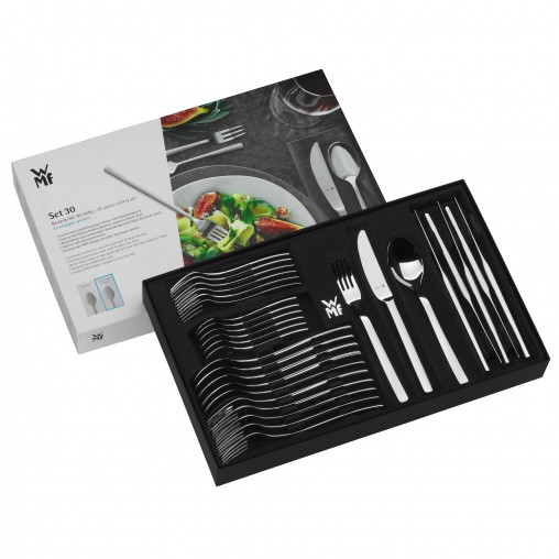Ein silbernes Besteckset mit 30 Teilen in einer schwarzen Geschenkbox mit Produktfoto auf dem Deckel.