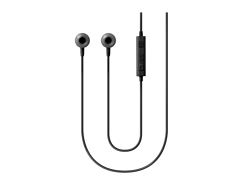 Auricolari con filo nero con telecomando in-line su sfondo bianco.