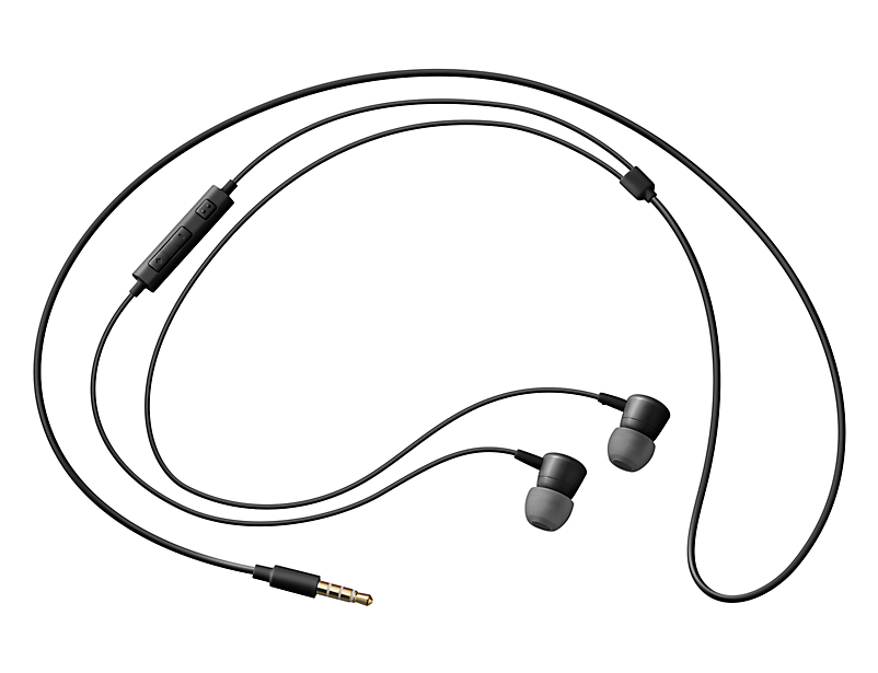 Auricolari in-ear neri con cavo, telecomando integrato e jack audio dorato su sfondo bianco.