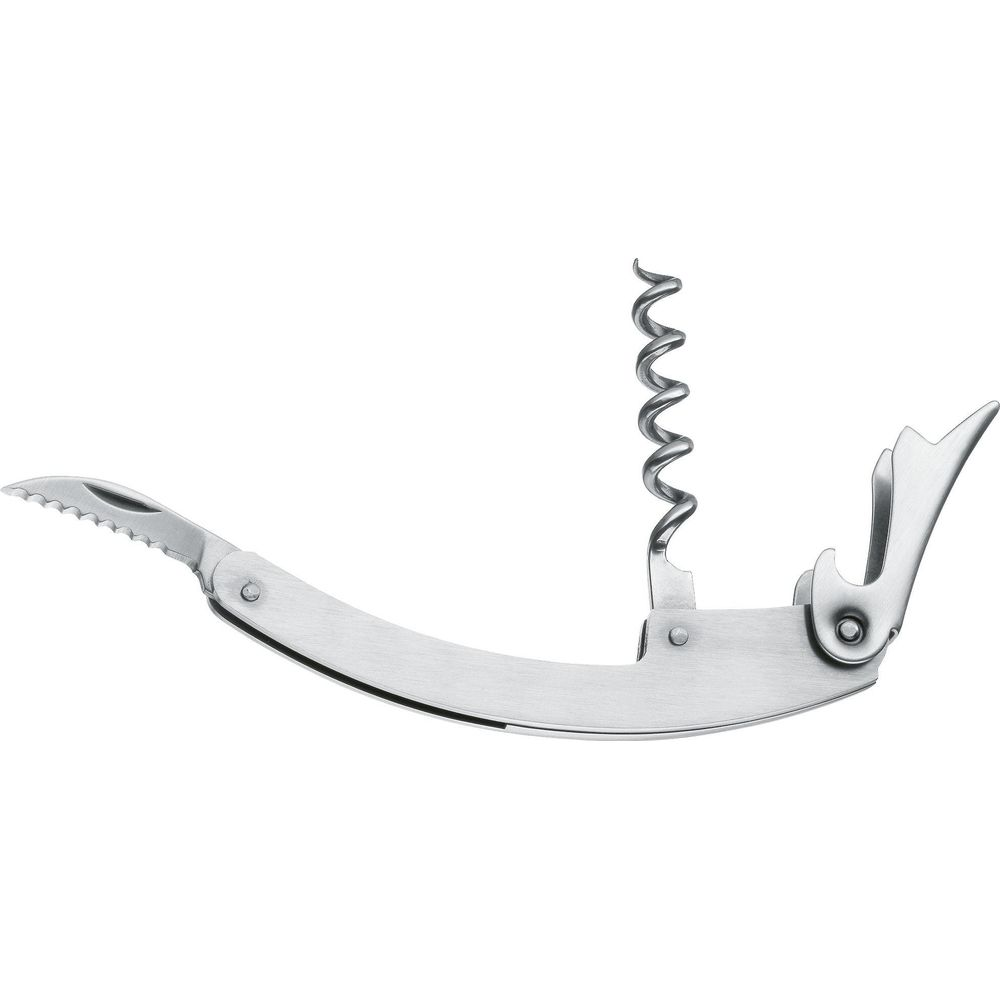 Ein silberner Kellnerkorkenzieher mit ausgeklapptem Korkenzieher und kleiner Sägemesser auf weißem Hintergrund.