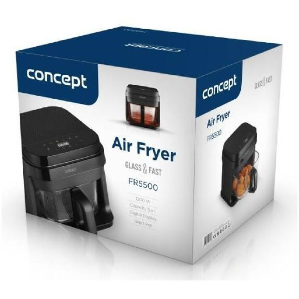 Confezione del prodotto Concept Air Fryer FR5500 con immagini del dispositivo sulla scatola.