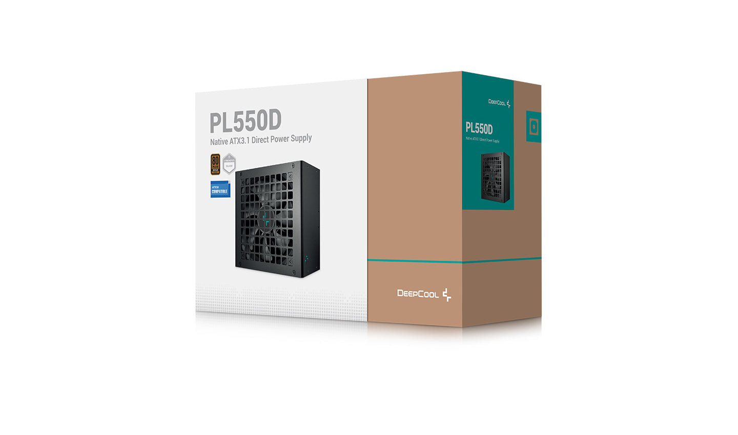 Opakowanie zasilacza DeepCool PL550D w kolorze białym i brązowym, z zdjęciem produktu i logo.