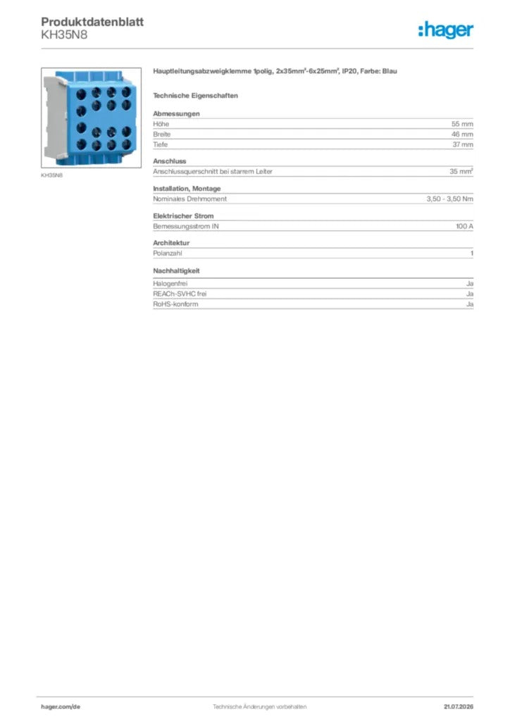 Produktdatenblatt für blaue Hager KH35N8 Reihenklemme mit technischen Daten.