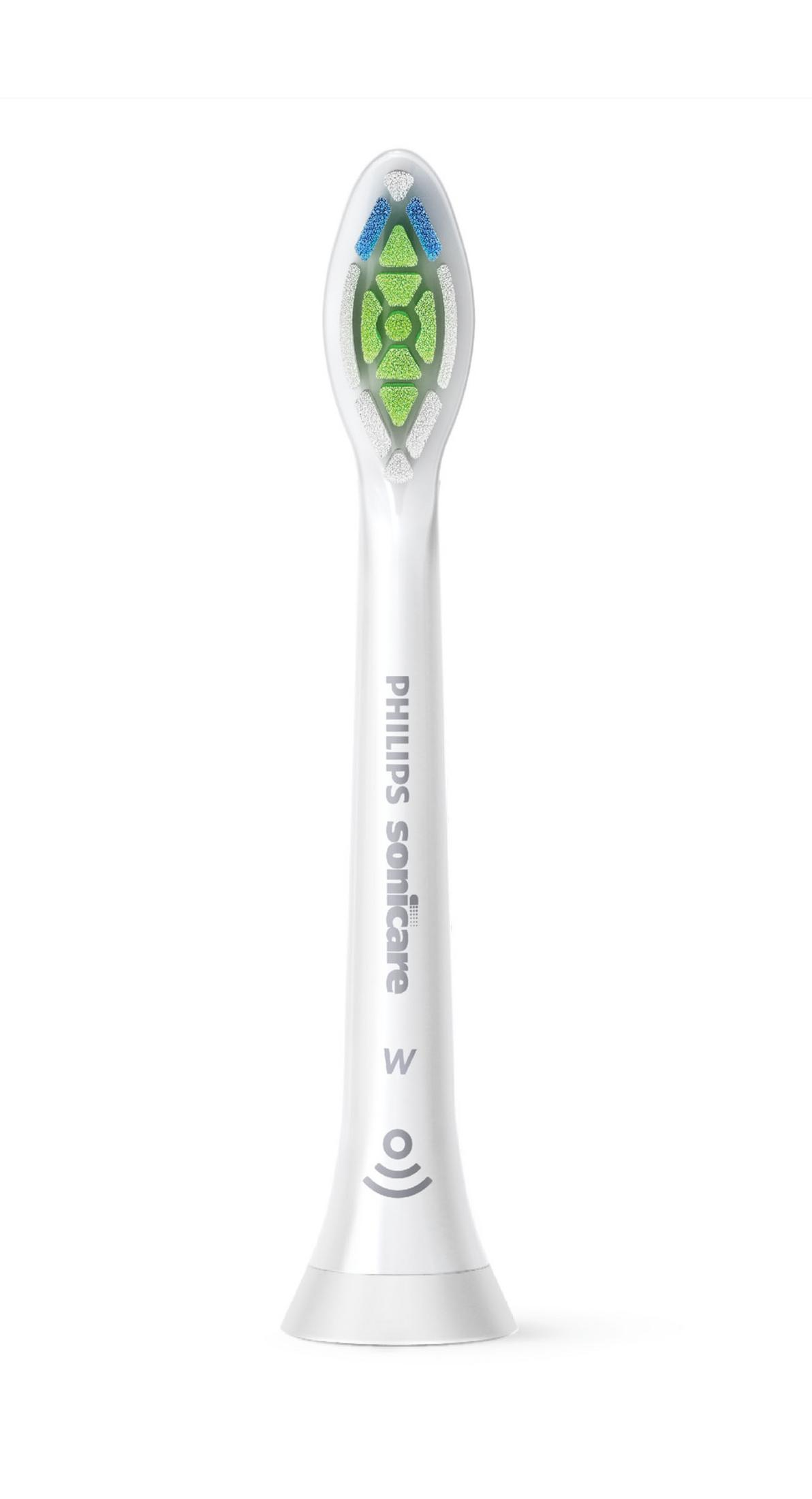 Ein weißer Philips Sonicare Zahnbürstenkopf mit grünen und blauen Borsten.