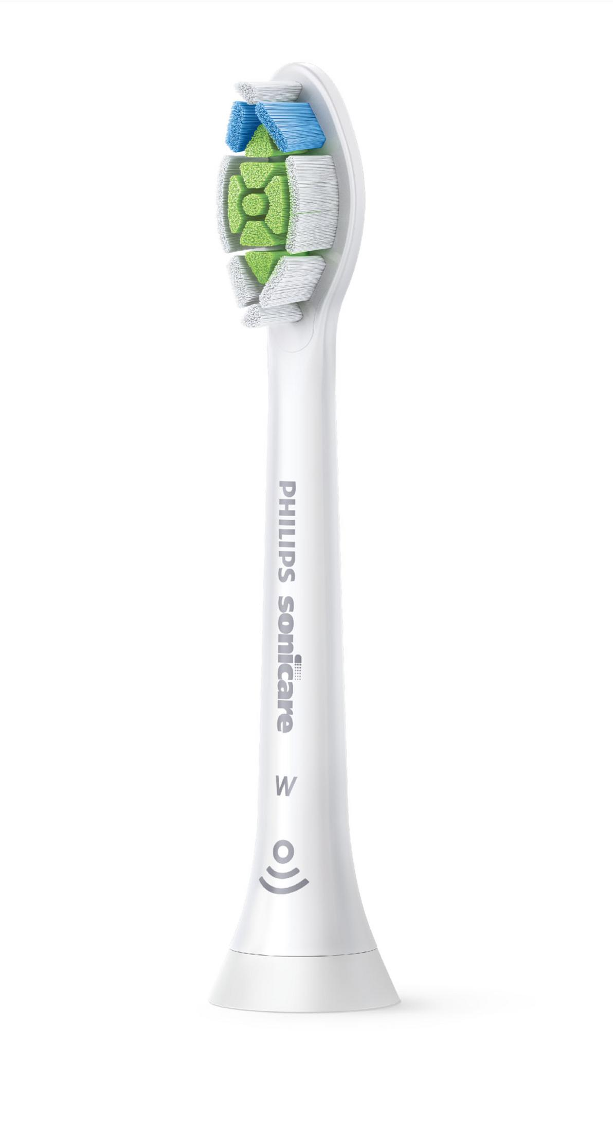 Ein weißer Philips Sonicare Zahnbürstenkopf mit blauen, grünen und weißen Borsten.