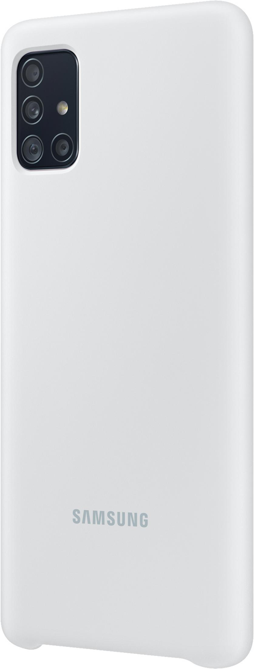 Rückseite eines weißen Samsung-Smartphones mit rechteckigem Kamera-Modul und Samsung-Logo unten.