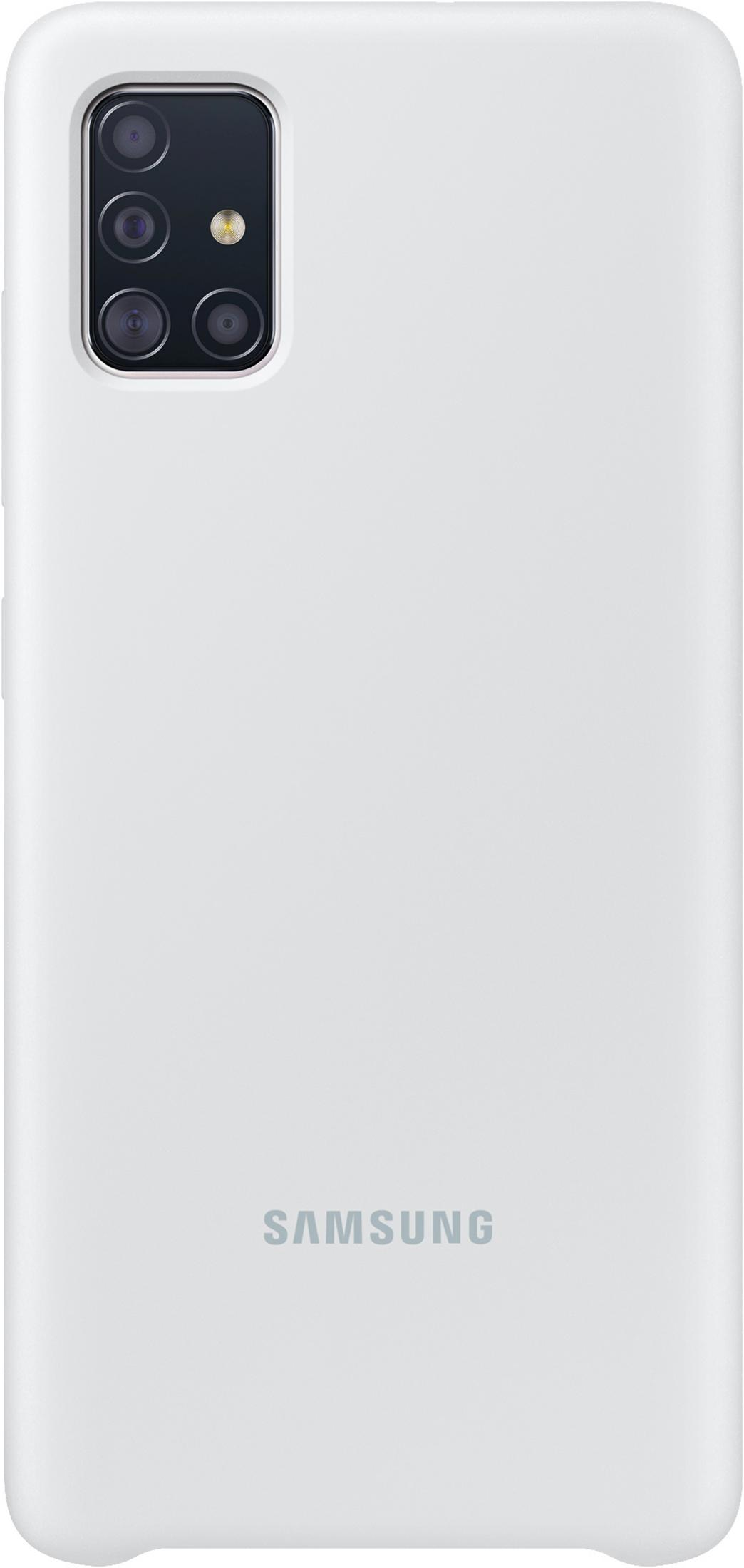 Eine weiße Samsung-Smartphone-Hülle mit rechteckigem Kameraausschnitt und Samsung-Logo auf der Rückseite.