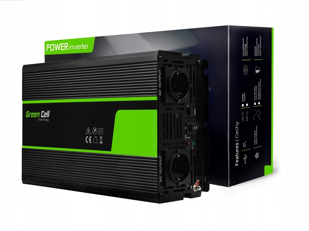 Schwarzer Green Cell Power-Inverter mit grünen Akzenten, zwei AC-Ausgängen und seiner Verpackungsbox im Hintergrund.