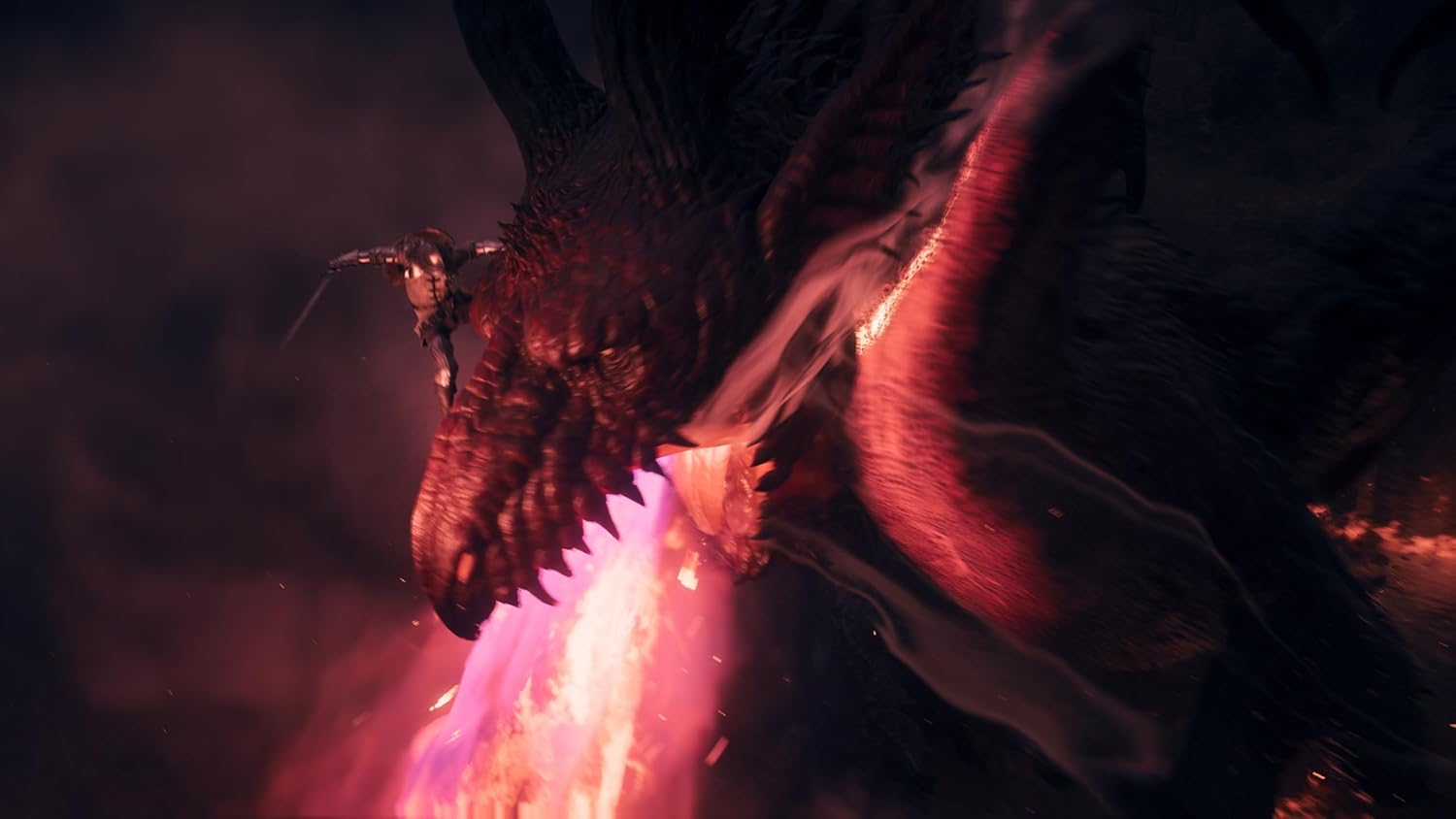 Un piccolo combattente si trova sulla testa di un drago gigante rosso luminoso che sputa fuoco.